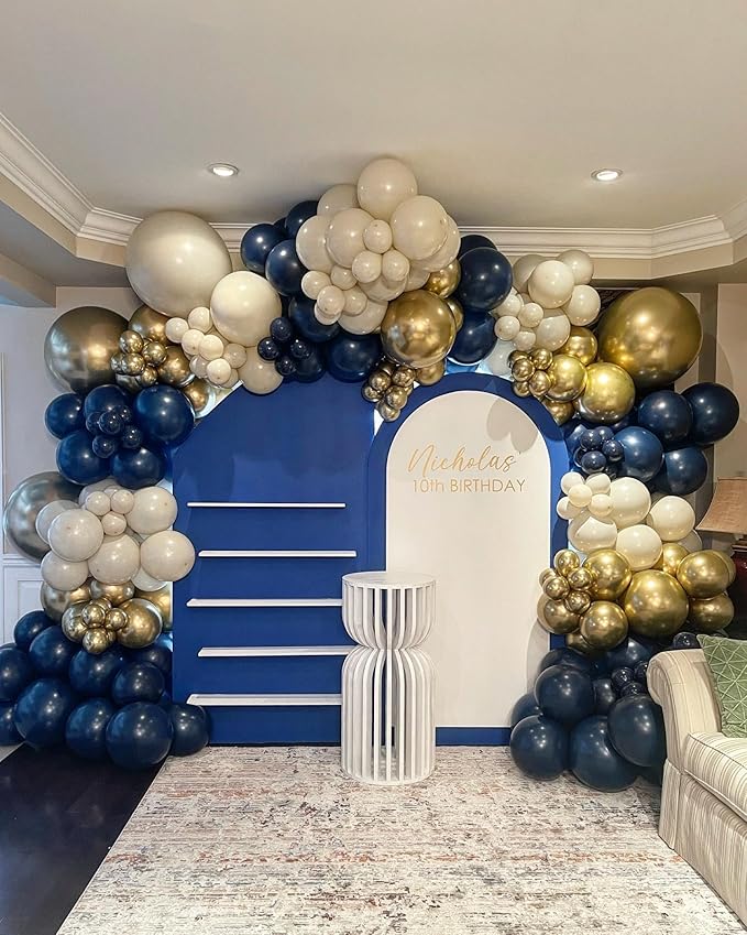 Navy Blue Gold White Balloon Arch Kit, Double Stuffed Pearl Sand White Royal Dark Blue Chrome Gold Confetti Balloons Garland Kit for Birthday Graduation 2026 New Years Party Decoration