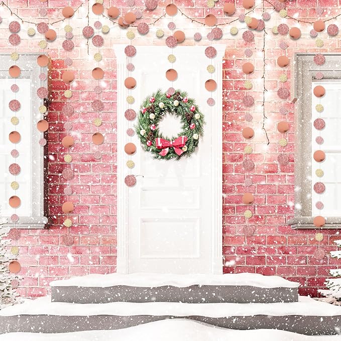 Outus 5 Pieces Rose Gold Round Dots Garland Graduation Party Hanging Decor Each Length 13.1ft Glitter Paper Dot Streamers for Birthday Wedding Classroom Supplies (Champagne)