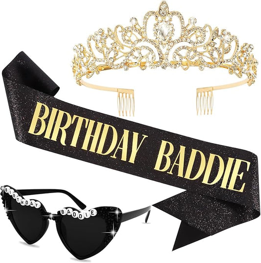 KICOSY 3PCS Birthday Baddie Sash, Crystal Crown and Sunglasses Funny Baddie Outfits Birthday Party Accessories