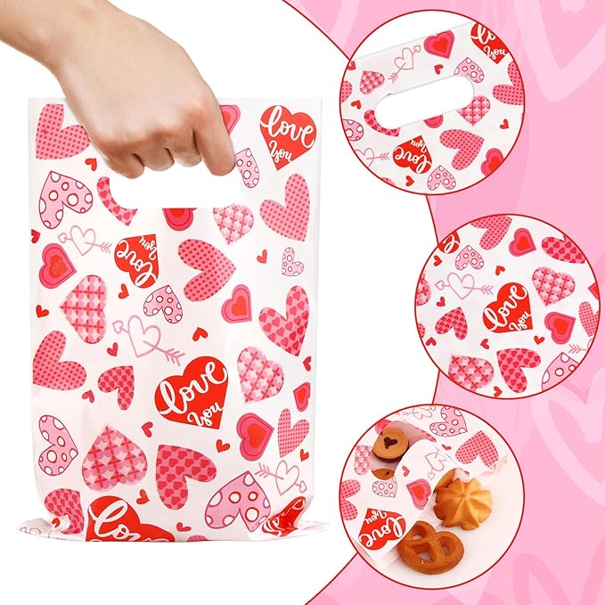 Hxezoc 50 Pieces Valentines Day Gift Bags with Handle, Plastic Treat Candy Bag Heart Goodie Treat Bags for Valentine's Day Anniversary, Baby Showers Birthday Party Supplies