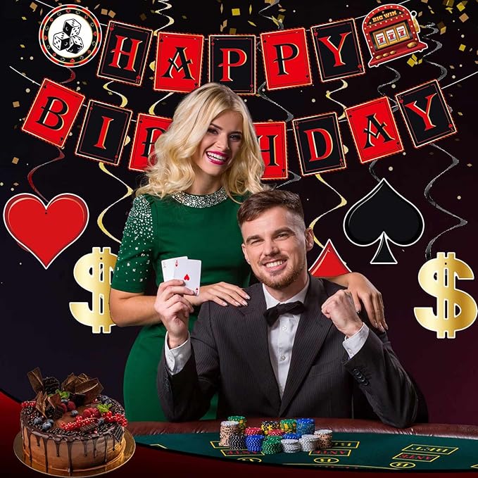 Pre-Strung 11PCS Casino Theme Happy Birthday Banners - Red Black Poker Birthday Party Decorations - Hanging Swirl Decor Supplies - Casino Games