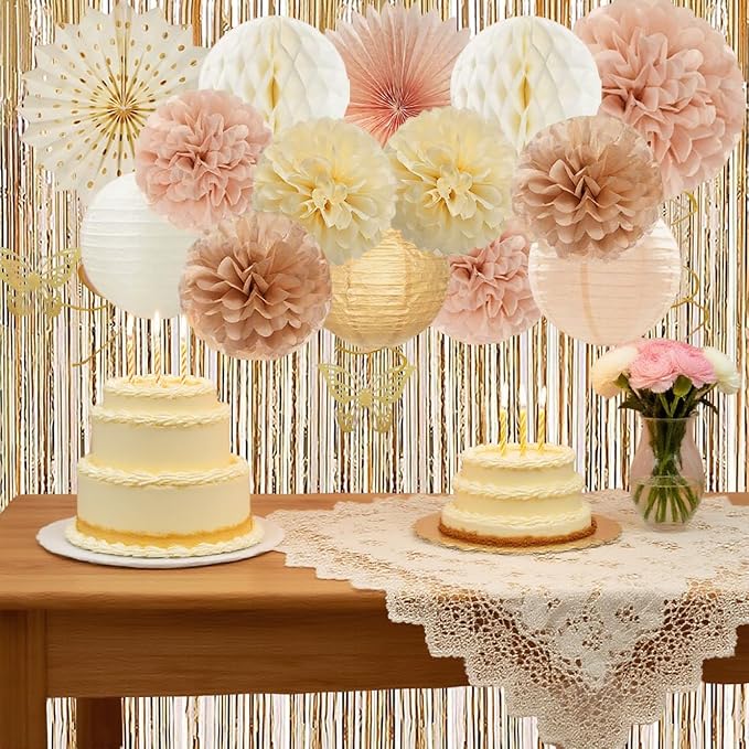 Party Decorations for Women Girls With Happy Birthday Banner Champagne Gold Fringe Curtain Hanging Swirls Butterfly Boho Paper Lanterns Pom Poms Fan Backdrop Decor (Champagne Gold Party Decorations)