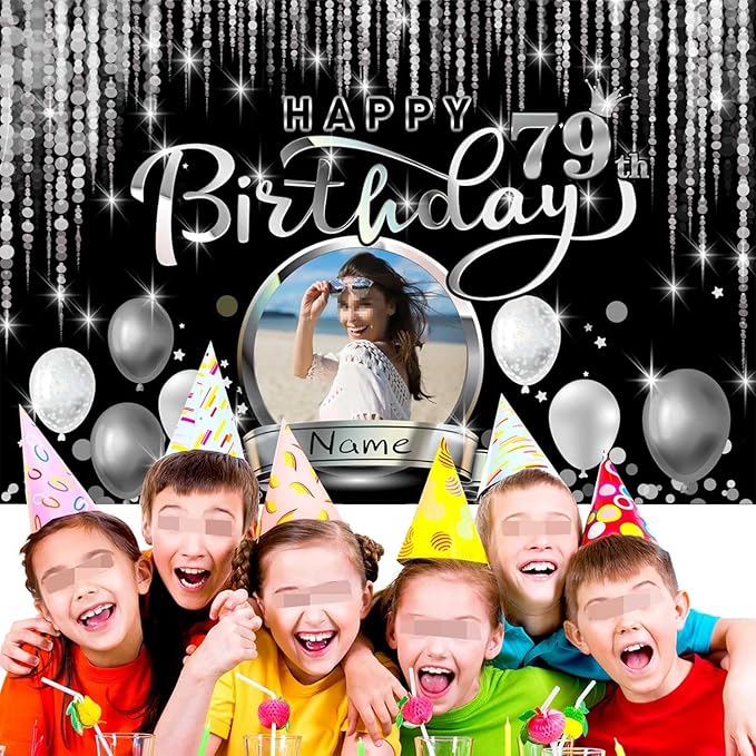 Dicodes Custom Happy Birthday Decoration Banner - Personalization Available - Black and Silver - Large Size - Supports Custom Photos and Names