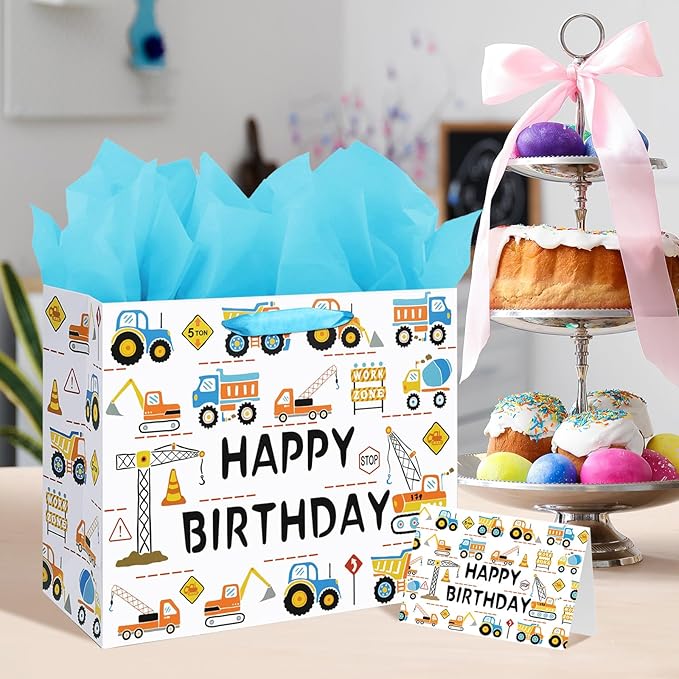 16.5" Large Happy Birthday Gift Bag for Baby Boy Kids with Tissue Paper and Card (Construction Vehicle)