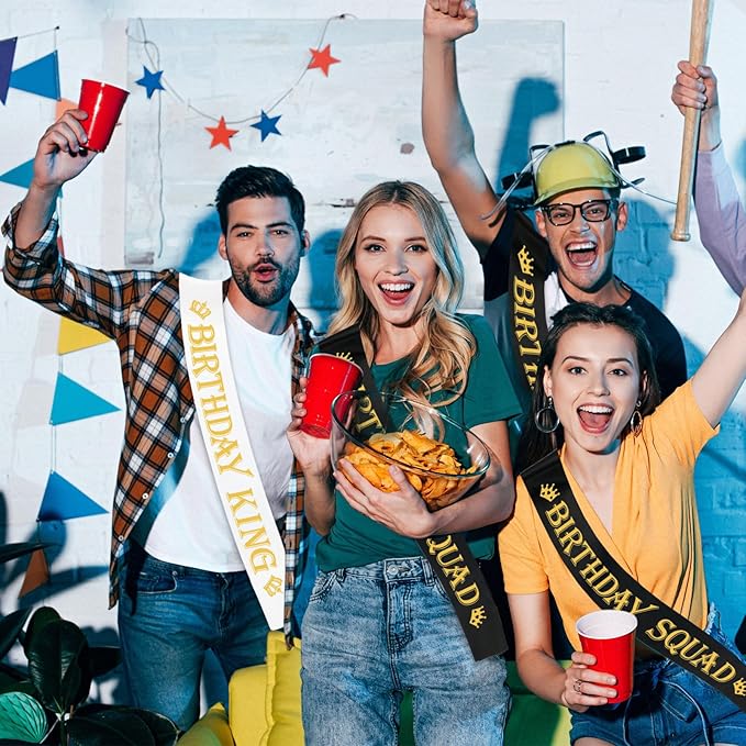 7 Pcs Birthday King Sash and Birthday Squad Sashes Set, Funny Bday Sashes for Men Bday Party Supplies Gifts Favors, Black+White (Gold Letters)