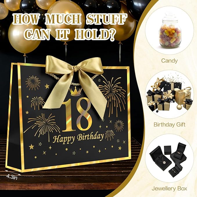 JMANNI Black Gold 18th Birthday Gift Bag with Card and Tissue Paper, 12.6"×9.84"×3.9" Elegant Present Bag for Adults, 18 Year Old Birthday Keepsake Party Supplies