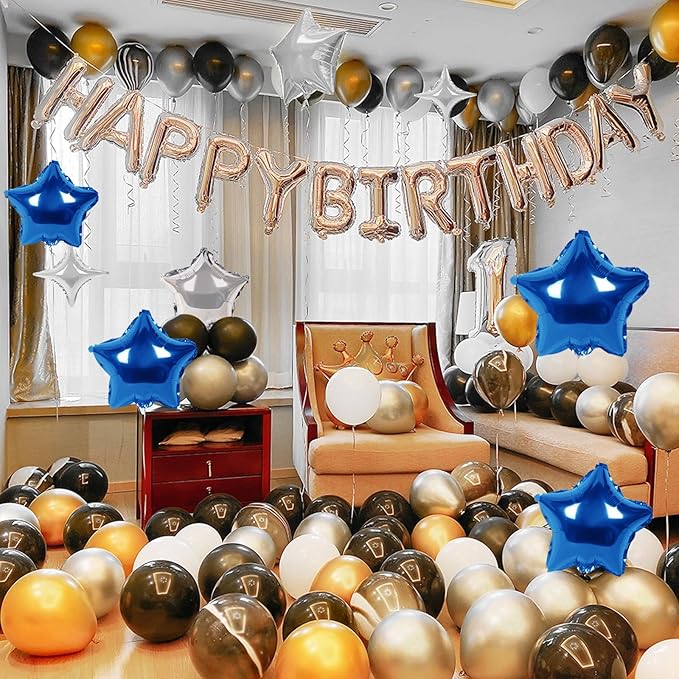 CANREVEL Happy Birthday Banner 13pcs 16 Inch Mylar Foil Letters with 12pcs Star Balloons Birthday Party Decorations for Kids and Adults - 3D Silver Blue