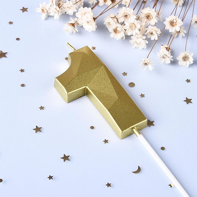 PHD CAKE 2.76 Inch Crystal Gold 1 Number Birthday Candles, Gold Number Candles, Cake Number Candles, Party Celebration
