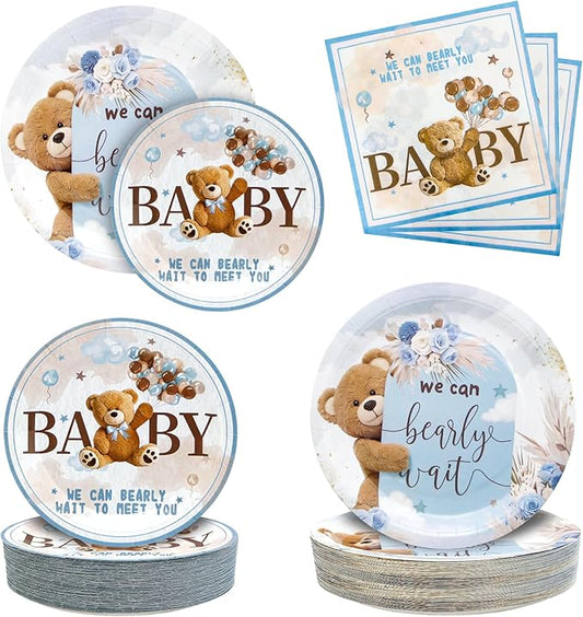 180PCS We Can Bearly Wait Baby Shower Decorations – Blue Bear Paper Plates and Napkins Set, Disposable Party Tableware Supplies for Baby Shower Birthday Party