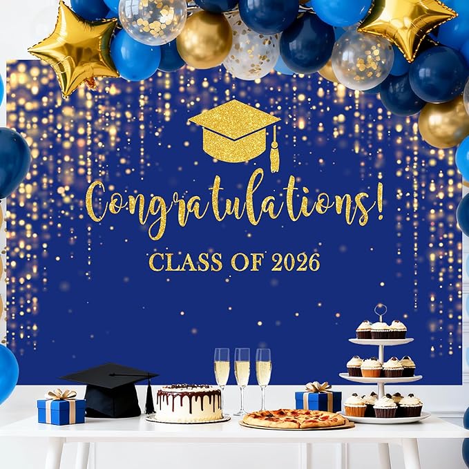 Mocsicka Class of 2026 Backdrop Blue Gold Glitter Bokeh Graduation Party Background 2026 Congrats Grad Prom Party Cake Table Decoration Photo Booth Props (8x6ft)