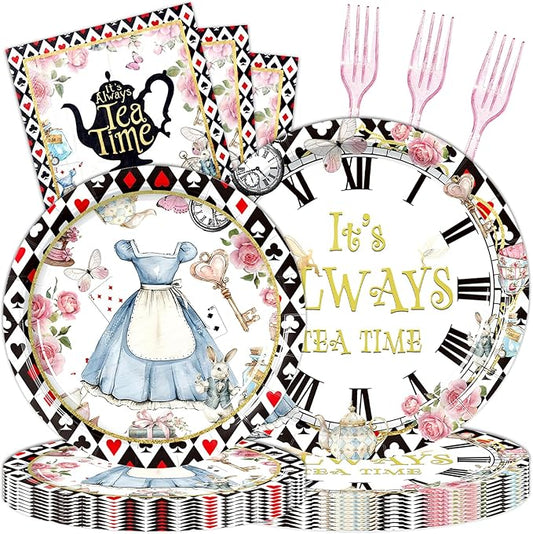 96 Pcs Tea Birthday Party Decorations Paper Party Plates and Napkins for Tea Themed Party Supplies Dessert Tableware Set for Kids Woman Girls Birthday Party Serves 24