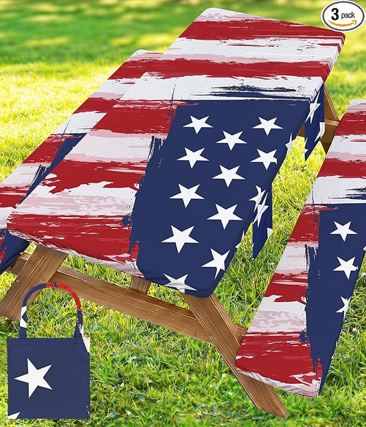 Picnic Table Cover with Bench Covers Waterproof Rectangle Tablecloth Camping Essentials Supplies Rv Travel Must Haves Gear Accessories Fitted Table Cloth Outdoor Road Trip Camper Gifts American Flag