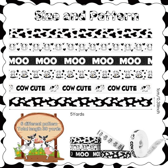 6 Roll Cow Print Ribbons, 3/8 Inch x 30 Yard Black White Cow Spot Ribbon, Gift Wrap Grosgrain Ribbons, Animal Print Craft Ribbon for Farm Party Favor Christmas Wreath Bow DIY Craft Decor