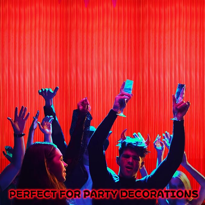 4 Pack Glow in The Dark Curtains Party Supplies 6.6 x 3.3 Ft Glow Tinsel Foil Fringe Curtains Red Photo Booth Prop Backdrop Streamer for Birthday Holiday Neon Party Decoration