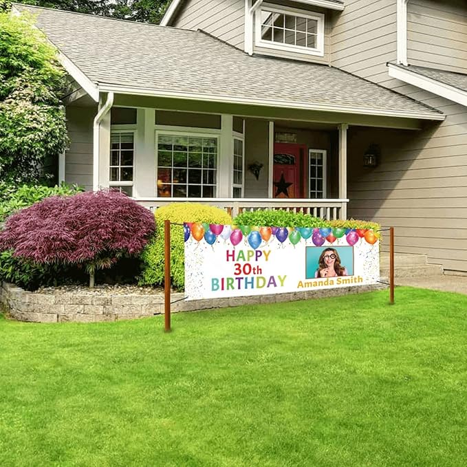 Happy Birthday Banner Personalized Name Photo Age Custom Signs - Customize for Party Decoration 6'x3'