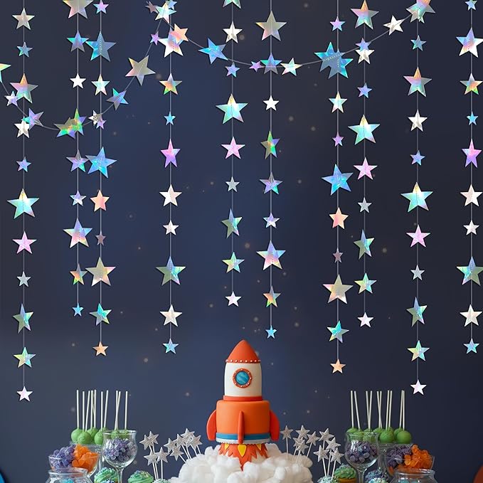 Cheerland 156ft Iridescent Star Garlands Space Party Decorations Hanging Stars Decoration Holographic Streamer Banner Backdrop Graduation Disco Galaxy Moon Euphoria Birthday Party Garland Star Decor