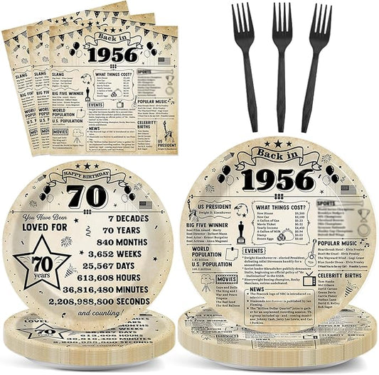 CHUNNIN 96Pcs 70th Birthday Plates and Napkins Back in 1956 Party Decorations Vintage 70 Year Old Party Dessert Plates 1956 Birthday Tableware for 24 Guests 70th Theme Men Woman Bday Parties Supplies
