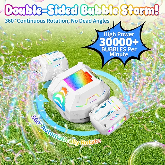2026 RC Bubble Machine, Rechargeable Bubble Maker with 360°Automatic Rotation & 9 LED Light, 30000+ Bubbles Blower Machine Toys Gifts for Kids, Birthday Parties, Wedding, Indoor, Outdoor Activities