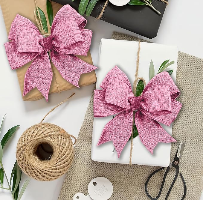 Pink Burlap Ribbon 1 inch x 10 Yard Natural Linen Woven Wired Ribbons DIY Handmade Edging Production Wreath Holiday Decoration Gift Ribbon for Gift Wrapping Pink Ribbons