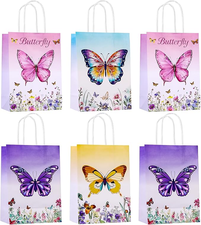JALEBRO 24PCS BUTTERFLY Party Favors Gift Bags Bulk with Handle, Paper Snack Treat Goodie Bag for BUTTERFLY Theme Goody Bags Birthday Party Decorations Supplies 8"x5.9"x3.1"