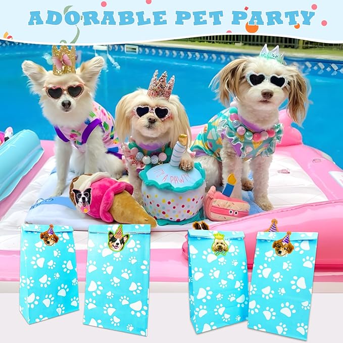PWZZZAWP 36 Pcs Dog Paw Print Gift Bags with Cute Dog Stickers - Dog Party Favors for Puppy | Pet Themed Goodie Bags for Doggy Lovers, Blue Paper Treat Bags for Pet Party Supplies & Gift Wrapping