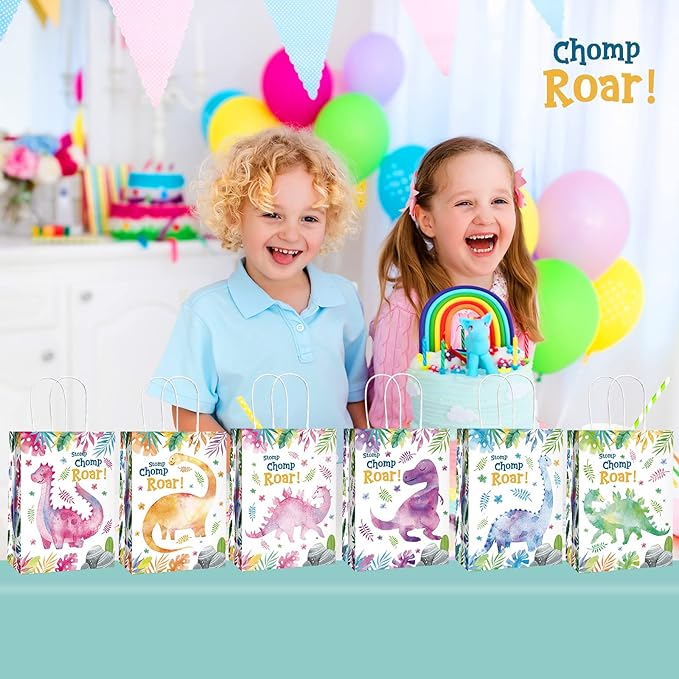 Outus 24 Pcs Dinosaur Party Gift Bags, Dino Party Gift Goodie Favor Bags with Handle for Girls Boys Dinosaur Theme Birthday Baby Shower Decoration