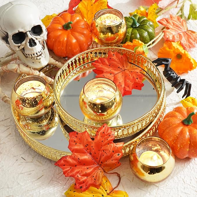 Homemory 24 Pcs Gold Votive Candle Holders, Round Mercury Glass Candle Holder, Tealight Candle Holders for Table Centerpieces, Baby Shower,Anniversary, Wedding, Home Decor, Halloween, Christmas