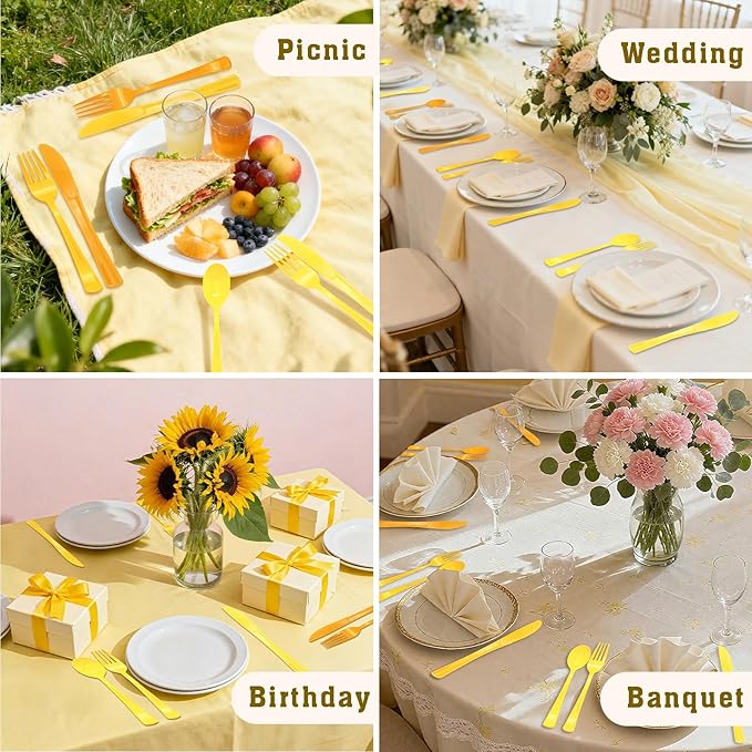 180 PCS Yellow Plastic Silverware Heavy Duty Yellow Plastic Cutlery Set Disposable 60 Forks, 60 Knives, 60 Spoons for Birthday, Party, Picnic