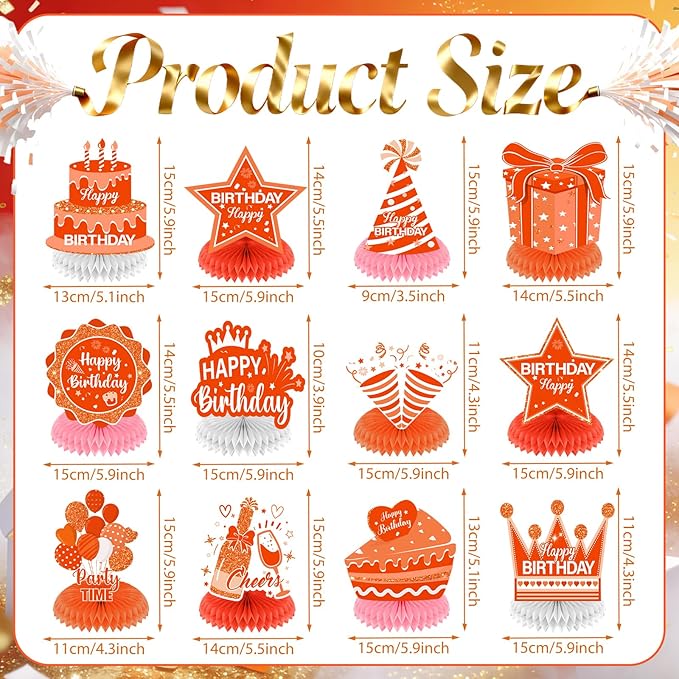 12Pcs Orange Birthday Decorations Honeycomb Centerpieces for Men Women Kids, Orange Happy Birthday Table Centerpieces for Adult Boys Girls Birthday Party Table Topper Sign Decor Supplies