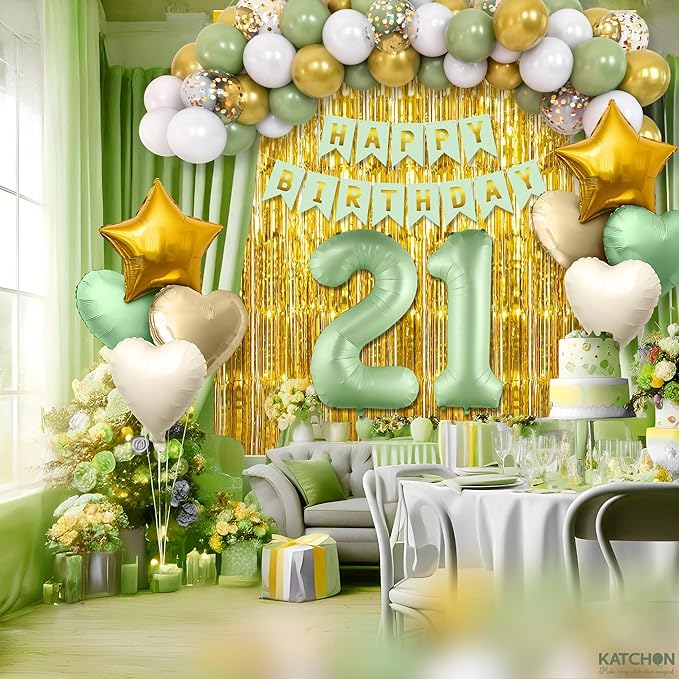 KatchOn, Sage Green 21st Birthday Decorations Set – Pack of 49 | Sage Green 21 Balloon Number, Star, Heart & Confetti Balloons, Gold Backdrop | 21st Sage Green Birthday Decorations for Him, Her