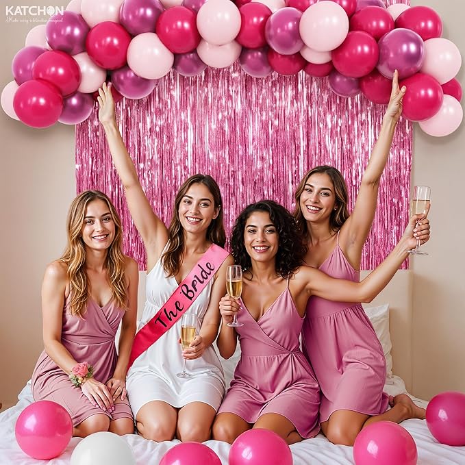 KatchOn, Valentines Day Decorations Set - Huge, Pack of 52 | Pink Fringe Backdrop Curtain and Latex Balloons for Galentines Day Decorations | Bachelorette, Birthday Decoration | Pink Party Decoration