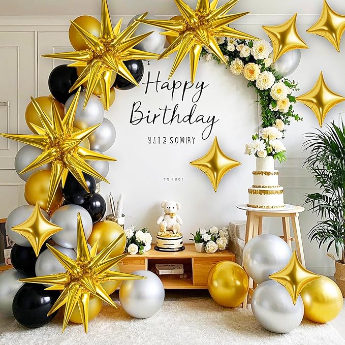 TONIFUL 18Pcs 22Inch Gold Large Explosion Star Mylar Balloons and 10Inch Four Pointed Star Balloons Set for Christmas New Year Birthday Wedding Bridal Shower Anniversary Photo Booth Supplies