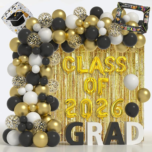 Janiuns Black and Gold Graduation Balloon Garland Arch Kit with Class of 2026 Foil Balloon & 78 Inch Foil Fringe Curtains Backdrop - 2026 Graduation Decorations with Black Gold White Grad Cap Balloons