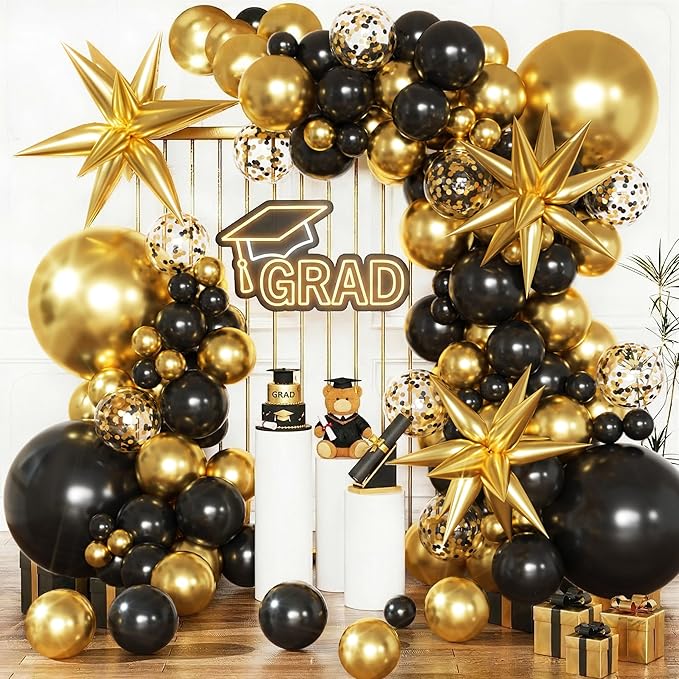 KARLURE Black and Gold Balloons Arch Kit with Black Gold Confetti Balloons for 2026 Graduation Decorations Class Grad Men Birthday Party Prom Retirement Masquerade Anniversary Party Decorations