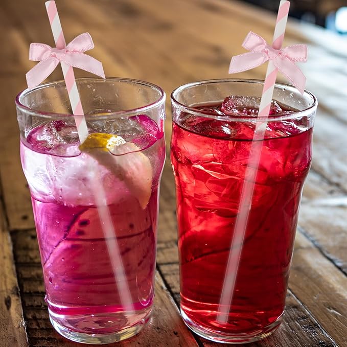 140 Pcs Pink Paper Straws, Bow Disposable Striped Drinking Straws Bulk for Pink Theme Birthday, Wedding, Baby Shower, Bachelorette Party Cake Decorations