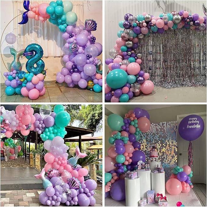 HILAVO Mermaid Balloon Set 12 inch Purple Pink Teal Blue Latex Balloons with Confetti Teal Blue Purple Light Pink Latex Balloon for Girls Mermaid Under The Sea Birthday Baby Shower Party Decorations