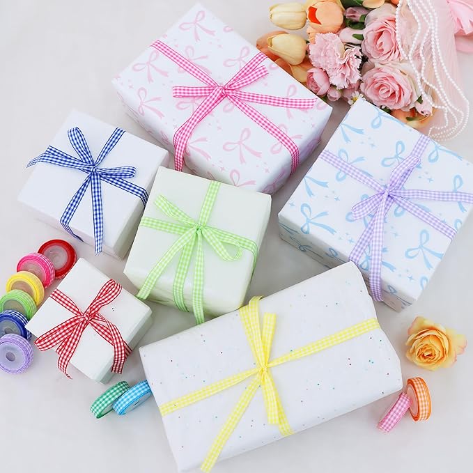 TONIFUL 3/8 Inch Gingham Ribbon 10 Colors 50 Yards Plaid Checkered Ribbons for Spring, Easter, Crafts, Gift Wrapping, Bouquet, Wedding Invitation, Bows, Baby Shower, Birthday Decoration (5Yd/Roll