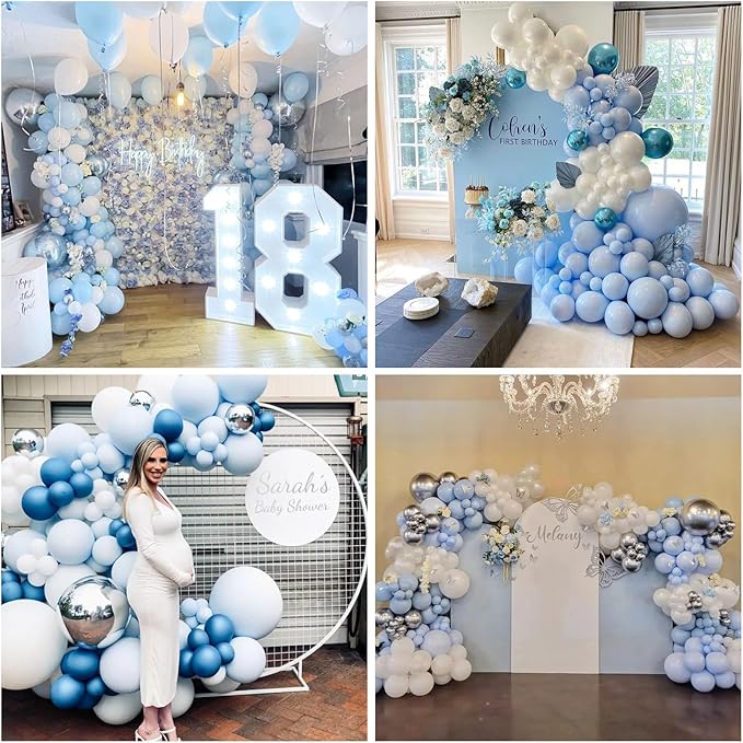 Jobkoo Blue White Balloon Arch Kit Baby Blue White Silver Balloon Garland 4D Silver Foil Balloons Pastel Light Blue Silver Latex Balloons Christening Boy Birthday Baby Shower Party Decorations QQ-113