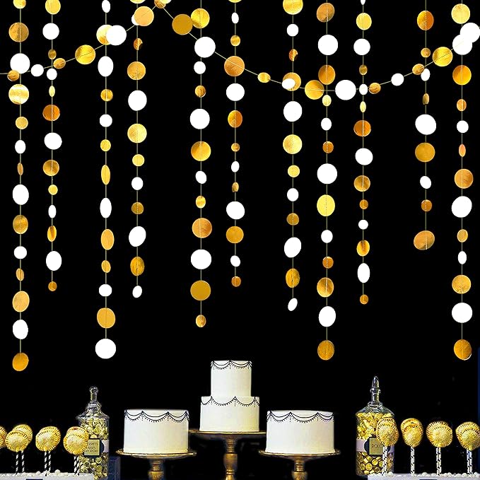 46 Feet White and Gold Circle Dots Garland Hanging Paper Polka Dots Streamer for Birthday Bachelorette Engagement Anniversary Wedding Baby Bridal Shower Christmas Holiday Party Decorations Supplies