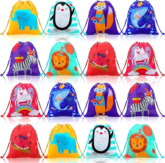Kinlop 16 Pack Drawstring Party Favor Bags for Kids Birthday Party School Drawstring Candy Goody Bag with Cartoon Animal Designed for Baby Boys and Girls (8 Styles)
