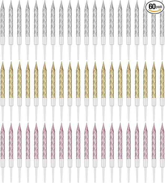 60 Pack Spiral Birthday Candles with Holders, Gold Silver Rose Gold Metallic Cake Candles for Birthday Cake, Cupcake, Wedding, Baby Shower, Party Decorations