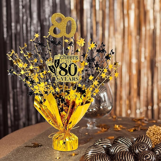 Tatuo 4 Pcs Metallic Foil Spray Centerpiece Happy 30th 40th 50th 60th 70th 80th Years Centerpiece Table Decorations for Black and Gold Birthday Anniversary Wedding Party Table Decor (80th Birthday)
