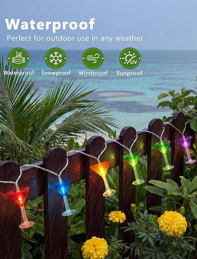 Cocktail Glass String Lights, 8.5FT 10 LED Summer String Lights with UL Certified Plug, Waterproof Tropical Party Decorations for Patio, Connectable Hawaiian Lights for Garden Backyard Bar Decor