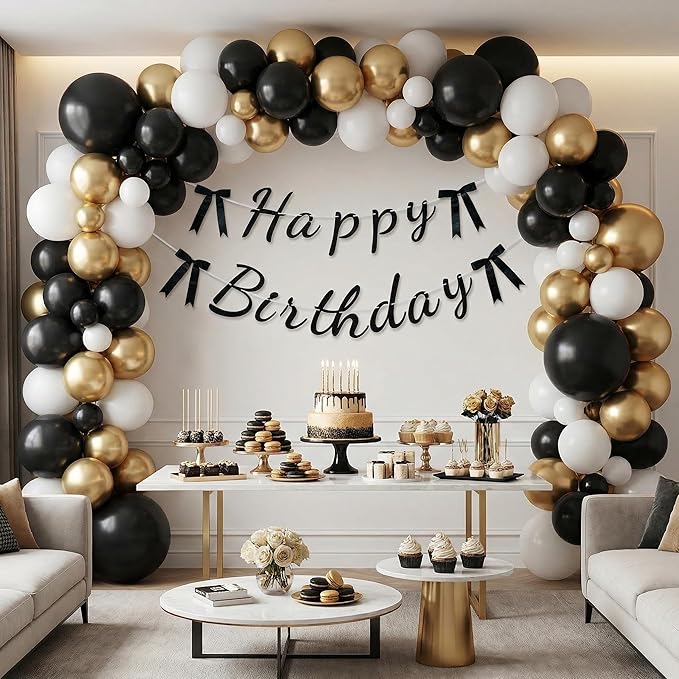Pre-Strung Happy Birthday Banner, Black Glitter Birthday Sign with Satin Bows, Pre-Assembled Minimalist Birthday Party Decorations for Women Men Kids Adults, Indoor Outdoor Birthday Party Supplies