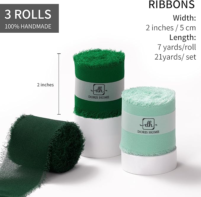 DORIS HOME 2" x21Yd Chiffon Ribbon for Flower Bouquet, Green Series Fabric Ribbon for Gift Wrapping, Handmade Frayed Ribbon for Wedding/Christmas Decorations