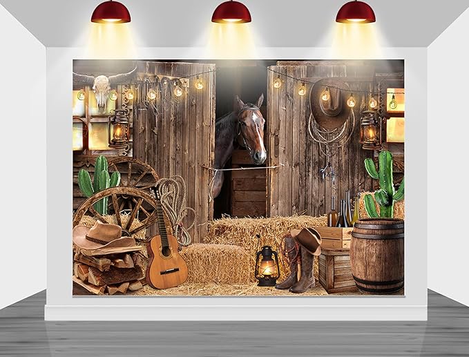 Mocsicka 7x5ft Western Cowboy Backdrop Wild West Rodeo Barn Background for Photoshoot Western Theme Party Decorations (Brown, 7x5ft)