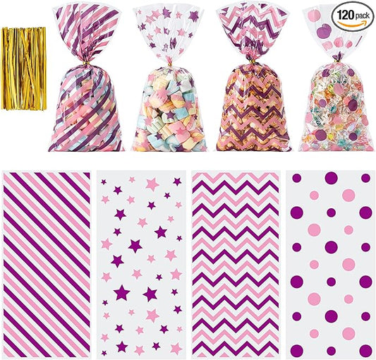 Aegero 120 Pack Purple/Pink (wave dots/ wave stripes /diagonal stripes/Star Printed)Cellophane Treat Bags,10.63 x 5.12 Inch Plastic Candy Goodies Bags with 140 Pcs Twists for Valentine,Birthday,Bakery,Wedding,Gift Cookie Snack Packing,Party Favor Supplies