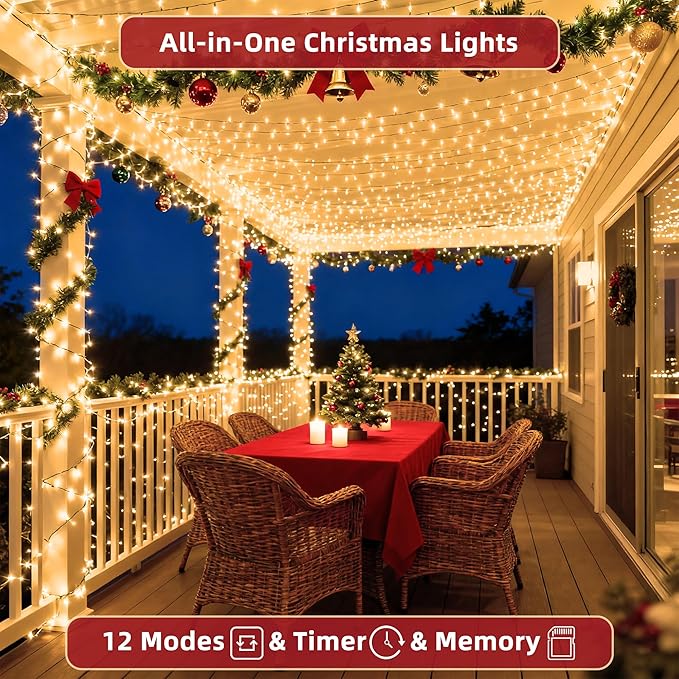 300LED 75FT Christmas Lights Indoor, LED Christmas Tree Decoration Lights with 12 Modes & Timer Memory, Dimmable Plug In Waterproof LED Xmas Light for Yard Trees Wedding Party Holiday Warm White