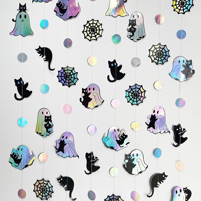 Iridescent Black Halloween Decorations Holographic Ghost Black Cat Spider Web Polka Dot Paper Hanging Garland Streamer Banner for Halloween Birthday Baby Shower Bachelorette Wedding Party Supplies