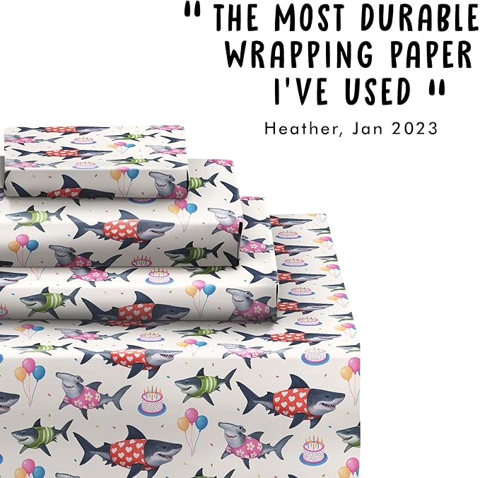 CENTRAL 23 Shark Wrapping Paper - 6 Sheets of White Gift Wrap with Sharks, Balloons, and Cakes - Birthday Wrapping Paper for Kids, Men, Women - Christmas Holiday Events Baby Shower